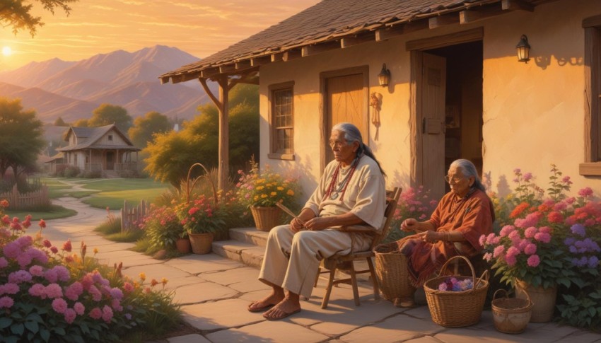 A peaceful village at sunset featuring an elderly