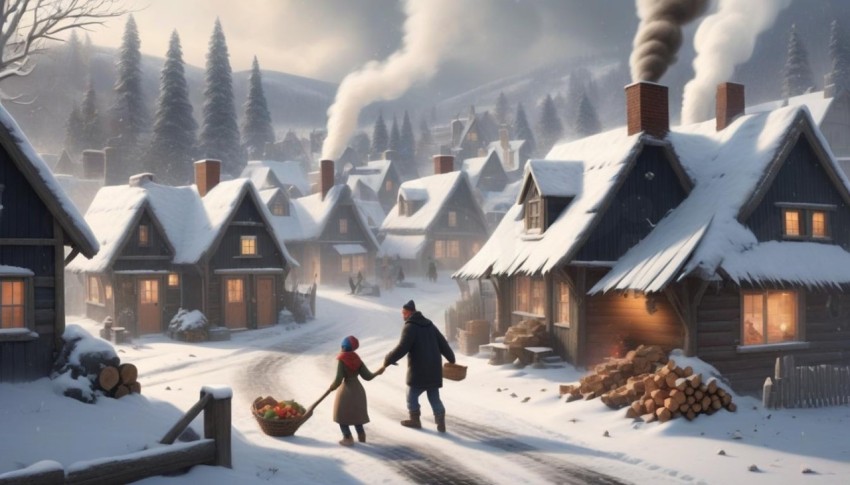 A snowy winter village scene with a Caucasian male