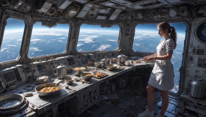 Girl cooking on the deck of an abandoned spac